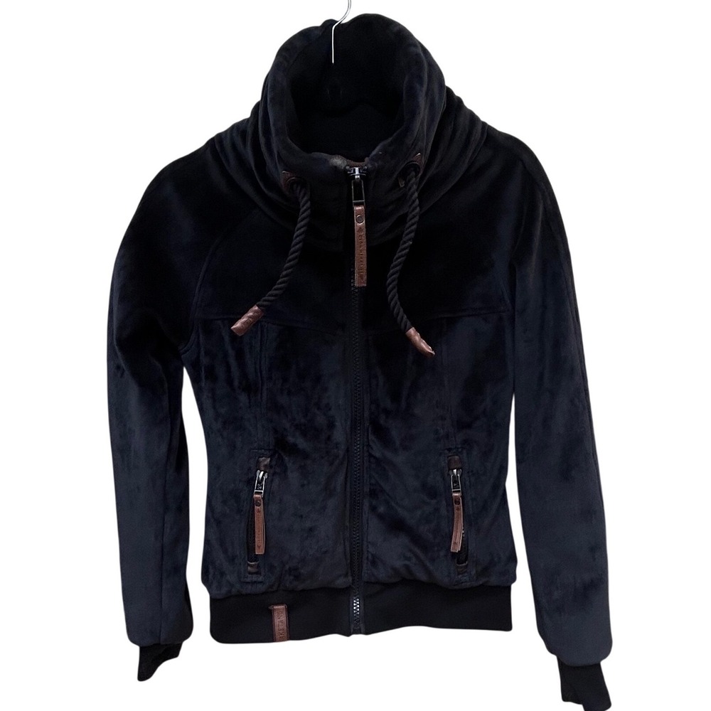 Naketano Brave New Word Black Velvet Funnel Neck Full Zip Jacket‎ Small